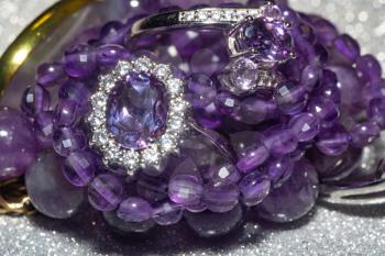 Fashion silver rings, bracelets and necklaces with purple amethysts and phosphosiderite stone.