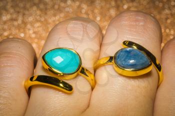 Fashion yellow gold ring with blue kyanite stone.