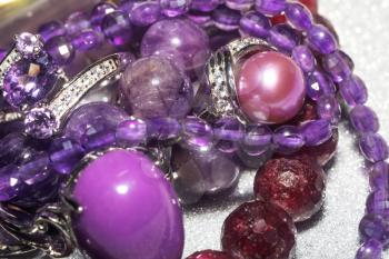 Fashion silver rings, bracelets and necklaces with purple amethysts and phosphosiderite stone.