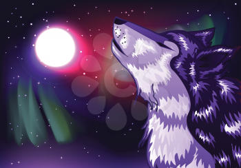 Abstract colorful northern landscape with moon and howling wolf.