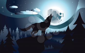 Silhouette of the wolf howling at the moon in the forest at night.