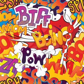 A lot of bright multi colored comic sound effects, seamless pattern