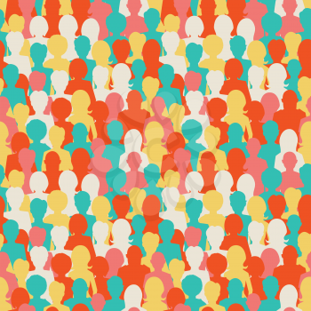 A lot of colorful people silhouettes, crowd of people seamless pattern
