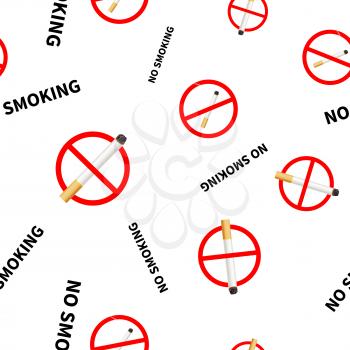 No smoking forbidden signs with realistic cigarette with smoke, seamless pattern isolated on white