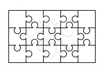 15 white puzzles pieces arranged in a rectangle shape. Jigsaw Puzzle template ready for print. Cutting guidelines isolated on white