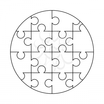 16 white puzzles pieces arranged in a round shape. Jigsaw Puzzle template ready for print. Cutting guidelines isolated on white