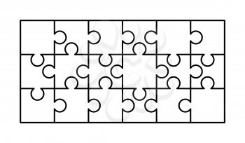 18 white puzzles pieces arranged in a rectangle shape. Jigsaw Puzzle template ready for print. Cutting guidelines isolated on white