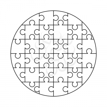 32 white puzzles pieces arranged in a round shape. Jigsaw Puzzle template ready for print. Cutting guidelines isolated on white
