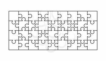 36 white puzzles pieces arranged in a rectangle shape. Jigsaw Puzzle template ready for print. Cutting guidelines isolated on white