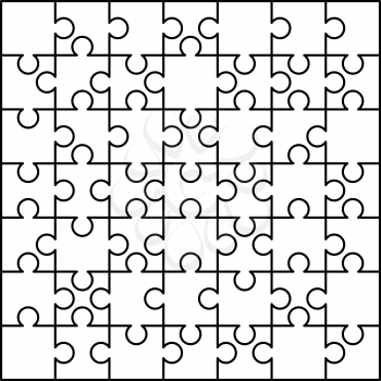 49 white puzzles pieces arranged in a square. Jigsaw Puzzle template ready for print. Cutting guidelines isolated on white