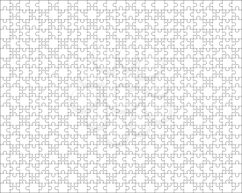 500 white puzzles pieces arranged in a 25x20 rectangle shape. Jigsaw Puzzle template ready for print. Cutting guidelines isolated on white