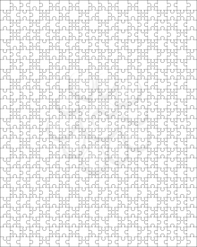 500 white puzzles pieces arranged in a 25x20 vertical rectangle shape. Jigsaw Puzzle template ready for print. Cutting guidelines isolated on white