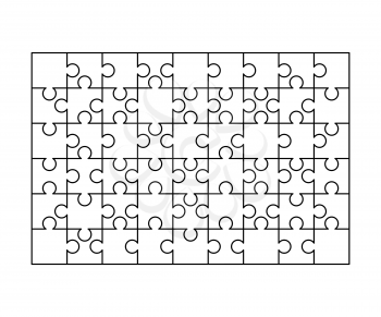 54 white puzzles pieces arranged in a rectangle shape. Jigsaw Puzzle template ready for print. Cutting guidelines isolated on white