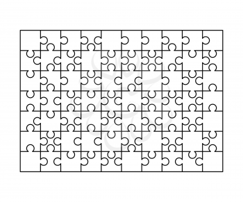 70 white puzzles pieces arranged in a rectangle shape. Jigsaw Puzzle template ready for print. Cutting guidelines isolated on white