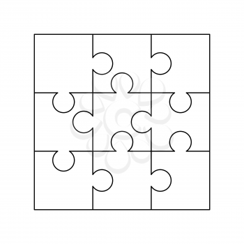 9 white puzzles pieces arranged in a square. Jigsaw Puzzle template ready for print. Cutting guidelines isolated on white