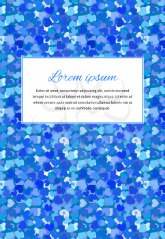 Abstract background with many little blue hearts and text template, a4 size vertical illustration