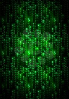 Abstract green matrix symbols, digital binary code on dark, vertical technology background a4 size