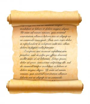 Abstract latin handwritten cursive text on old textured scroll isolated on white