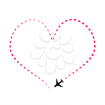Airline route in pink heart shape with plane icon isolated on white