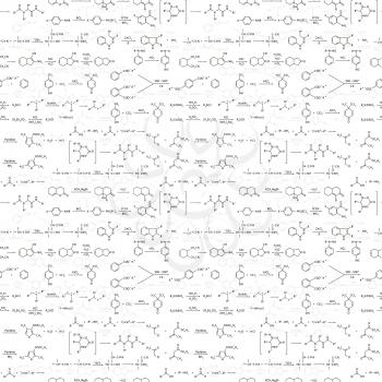 A lot of recondite chemical equations and formulas written on white, seamless pattern
