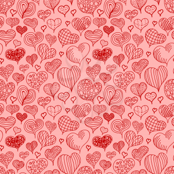 Red cute doodle hand-drawn hearts, seamless pattern on pink