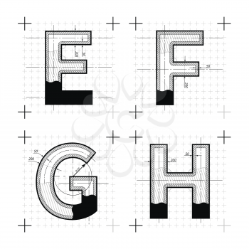Architectural sketches of E F G H letters. Blueprint style font on white.