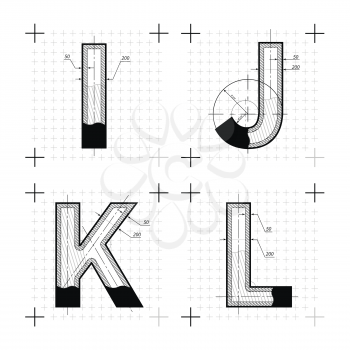 Architectural sketches of I J K L letters. Blueprint style font on white.
