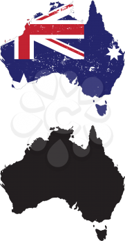 Australia country black silhouette and with flag on background, isolated on white