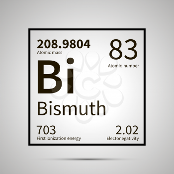 Bismuth chemical element with first ionization energy, atomic mass and electronegativity values ,simple black icon with shadow on gray