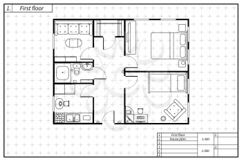 Black architecture plan of house in blueprint style on white