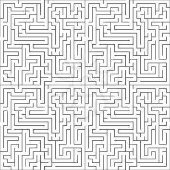 Black complicated maze on white, seamless pattern