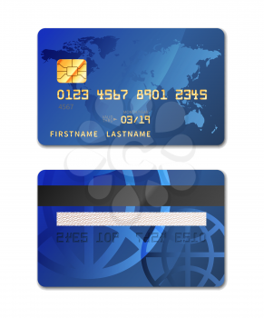 Blue realistic credit card from both sides isolated on white
