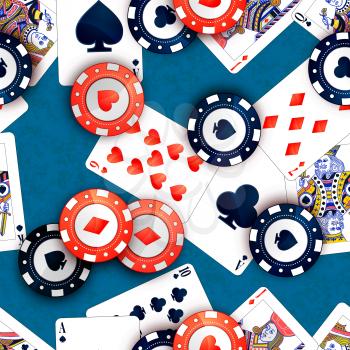 Bright casino chips and poker cards on blue table, seamless pattern