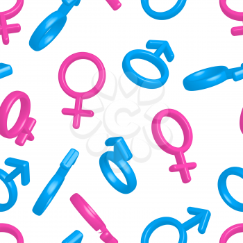 Bright colorful 3d men and women gender signs on white, seamless pattern