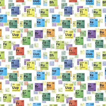 Bright colorful icons of chemical elements on white, seamless pattern