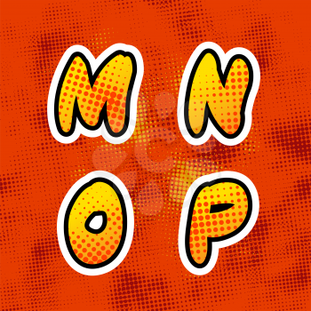 Bright colorful retro comics font with halftone pattern, vintage M N O P latin letters on red background
