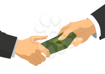 Bright flat businessman hand taking the bunch on banknotes with dollar signs, corruption concept illustration