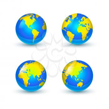 Bright glossy Earth globes icons from different sides isolated on white background