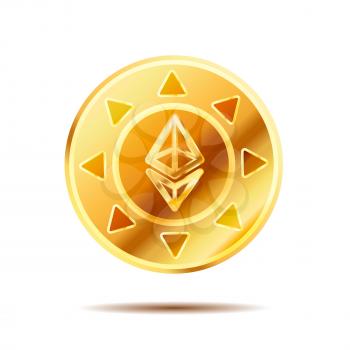 Bright glossy golden coin with ethereum sign isolated on white