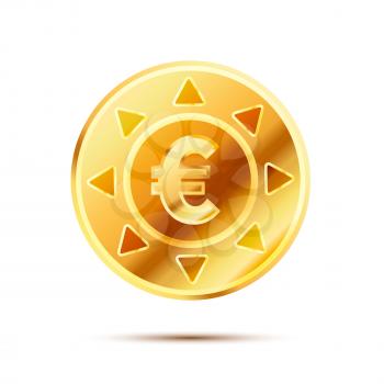 Bright glossy golden coin with euro sign isolated on white