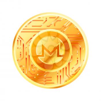 Bright golden coin with microchip pattern and Monero sign. Cryptocurrency concept isolated on white