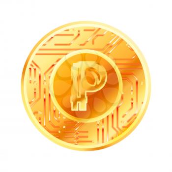 Bright golden coin with microchip pattern and Peercoin sign. Cryptocurrency concept isolated on white