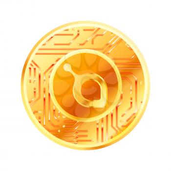 Bright golden coin with microchip pattern and Siacoin sign. Cryptocurrency concept isolated on white