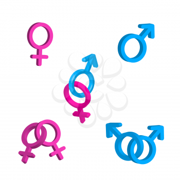 Bright men and women gender signs with heteresexual and homosexual concept icons isolated on white