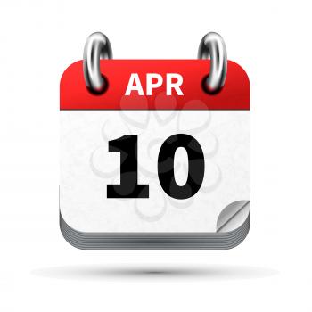 Bright realistic icon of calendar with 10 april date on white