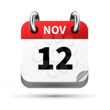 Bright realistic icon of calendar with 12 november date on white