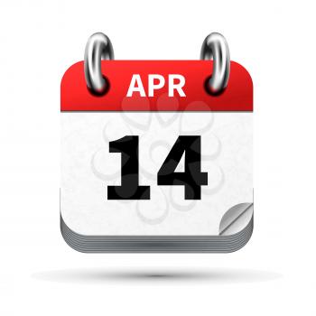 Bright realistic icon of calendar with 14 april date on white
