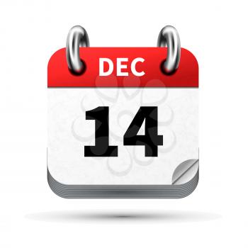 Bright realistic icon of calendar with 14 december date on white