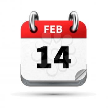 Bright realistic icon of calendar with 14 february date on white