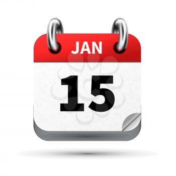 Bright realistic icon of calendar with 15 january date on white